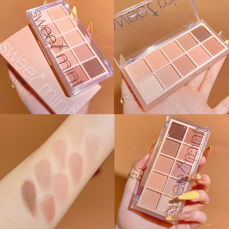 Sweet Mint 10-Color Eyeshadow Palette with Shimmer, Matte, and Fine Glitter, Daily Neutral Cement Earth Tones, Affordable for Female Students