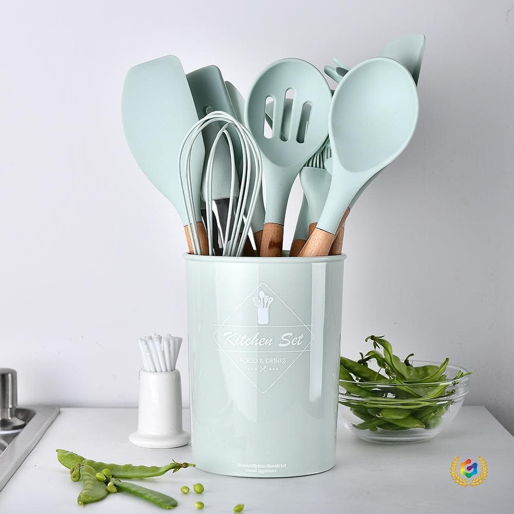 Colorful Household Wooden Handle Silicone Kitchen Utensils 11-Piece Set Kitchenware