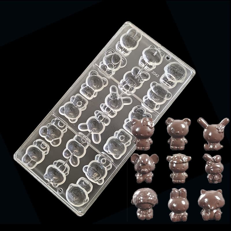Cute Cat Rabbit Bear Sheep Chocolate Mold 2042 Clear Hard Plastic 3D Cartoon Figure Chocolate Baking