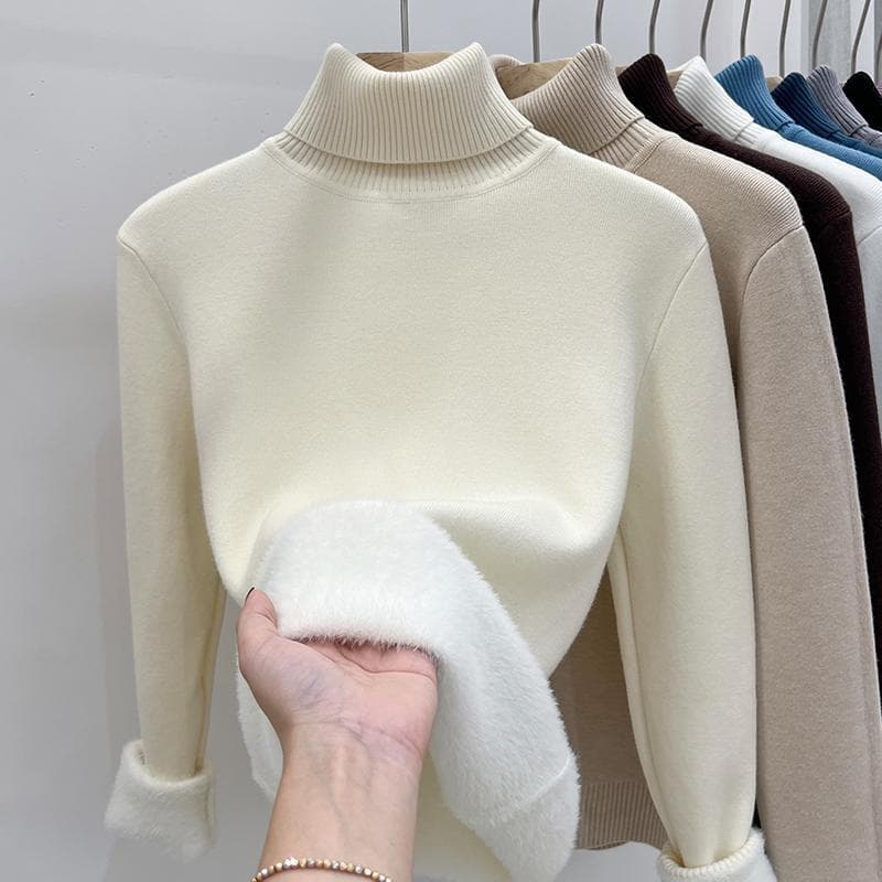 Black Turtleneck Sweater Women's Inner Layer Fall Winter 2024 New Warm Mink Integrated Fleece Thickened Base Layer Top