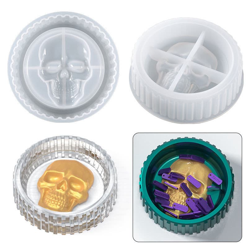 Crystal Epoxy Resin DIY Mold Round Striped Skull Ashtray Storage Box Silicone Mold