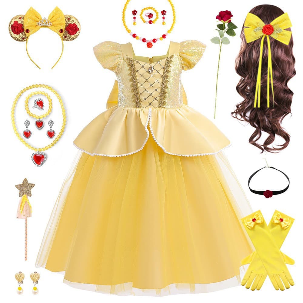 Belle Princess Series Halloween Children's Fluffy Princess Dress Beauty and the Beast Girl Belle Costume