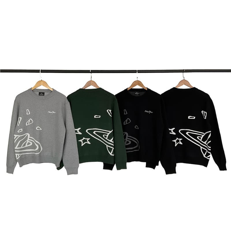 25 Cross-border Trendy Brand BP Letter Print Planet Jacquard Crew Neck Pullover Knit Sweater Unisex High Street Outerwear