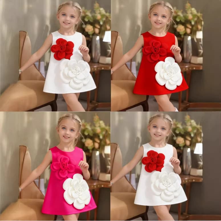 2026 Cross-border Girls Luxury Dress 3D Red and White Floral Vest Dress Baby Sweet Party Outing Dress