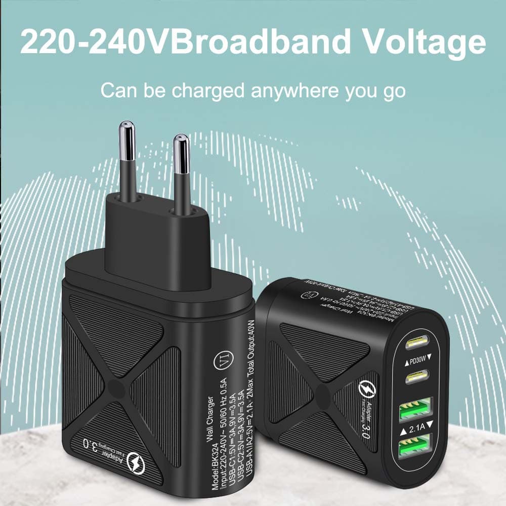 40W 4-Port Phone Charger PD30W Fast Charging USB 2.1A US/EU/UK Plug Phone Adapter