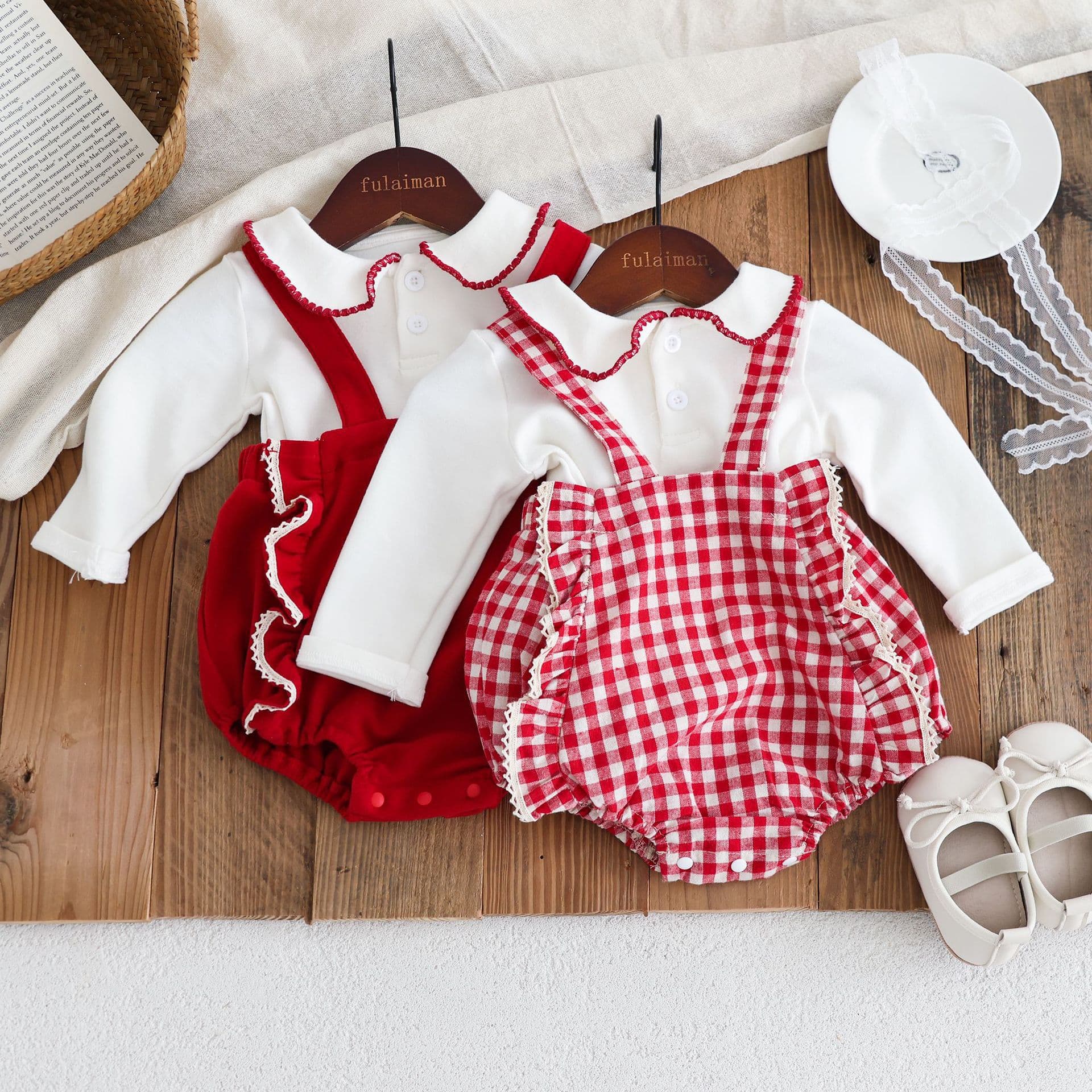 2026 Spring Baby Girl Clothes Full Moon Birthday Suspenders Outfit Korean Style Long Sleeve Top Set