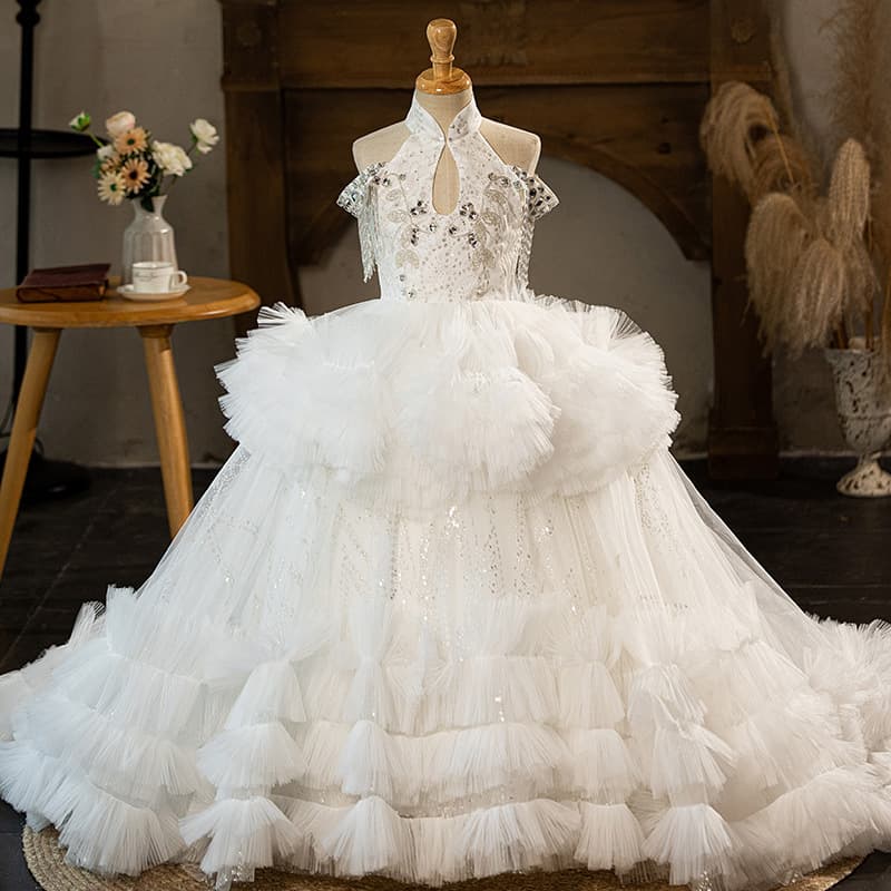 White Piano Performance Dress for Girls Princess Dress Children Wedding Tulle Skirt Flower Girl Birthday Host Performance Costume