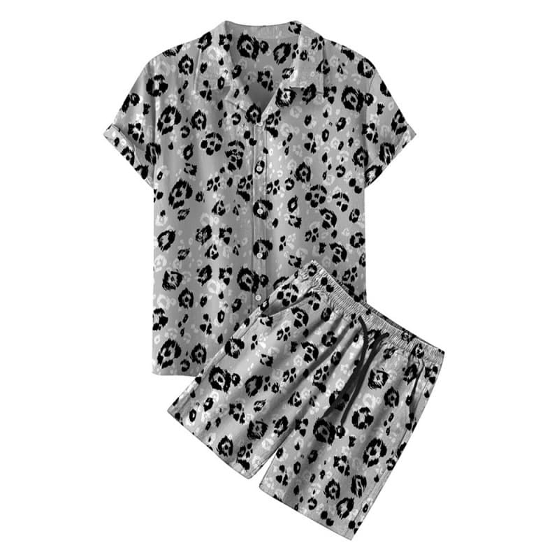 Summer Men's European and American Fashion Hawaiian 3D Leopard Print Short-Sleeve Shorts Shirt Suit Factory Supply