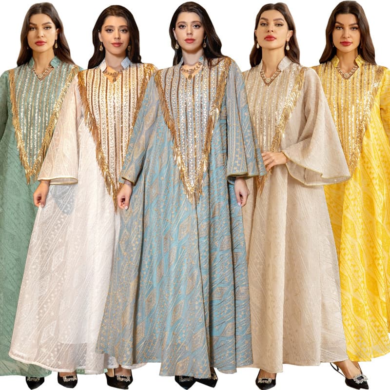 AB320 Amazon Hot Selling Fashion Mesh Sequin Jalabiya Dress Pullover with Lining Full Skirt