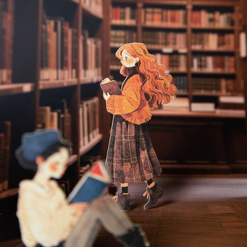 Library girl reading character special sticker retro girl character material collage basic material painting