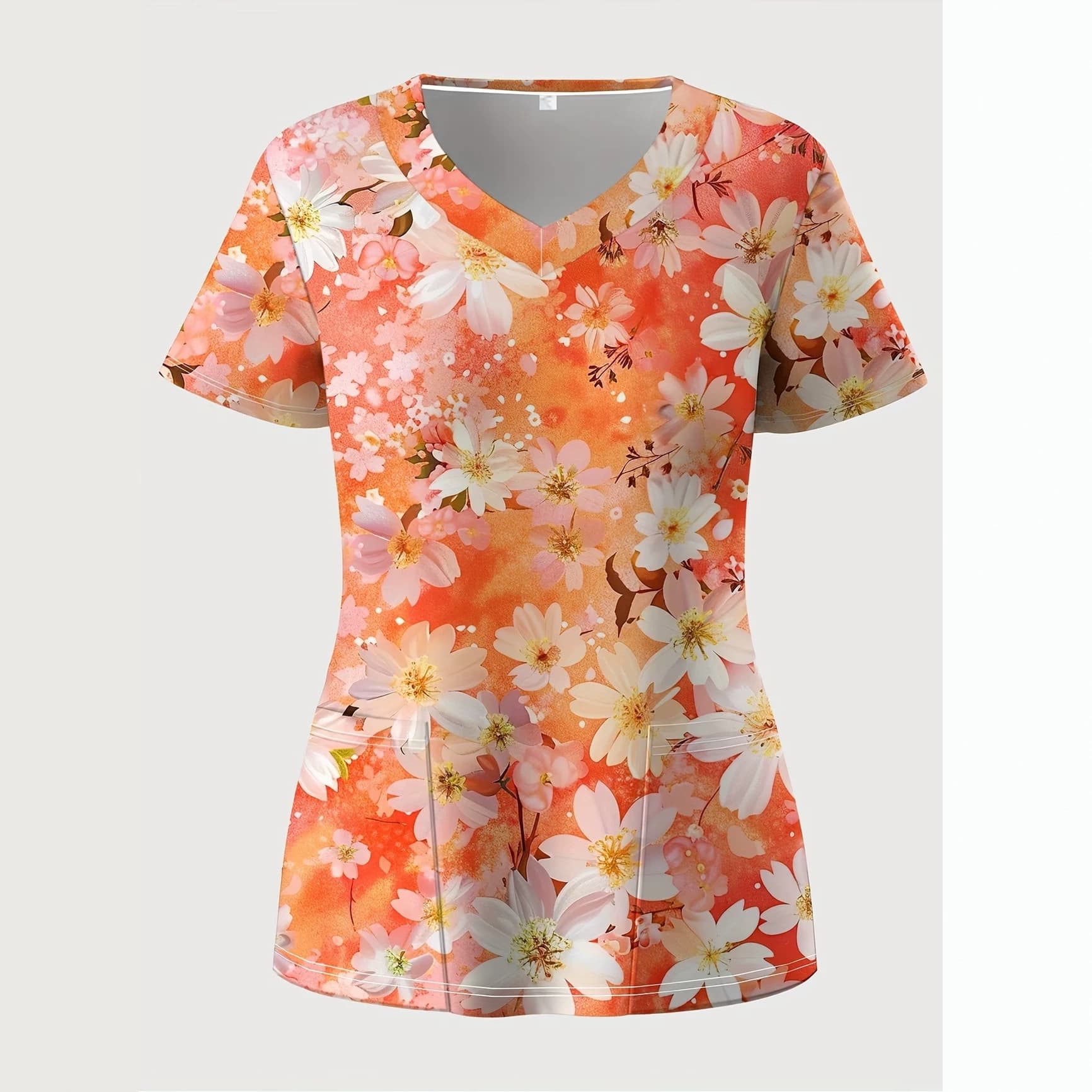 New Arrival: Orange Base with White Cherry Blossom Floral Print Scrub Tops, Short-Sleeve Medical Workwear for Dental and Maternity Centers