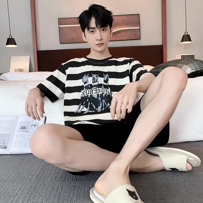 Men's Pajama Set Summer Short Sleeve Loose Simple Casual Homewear Plus Size for Teens