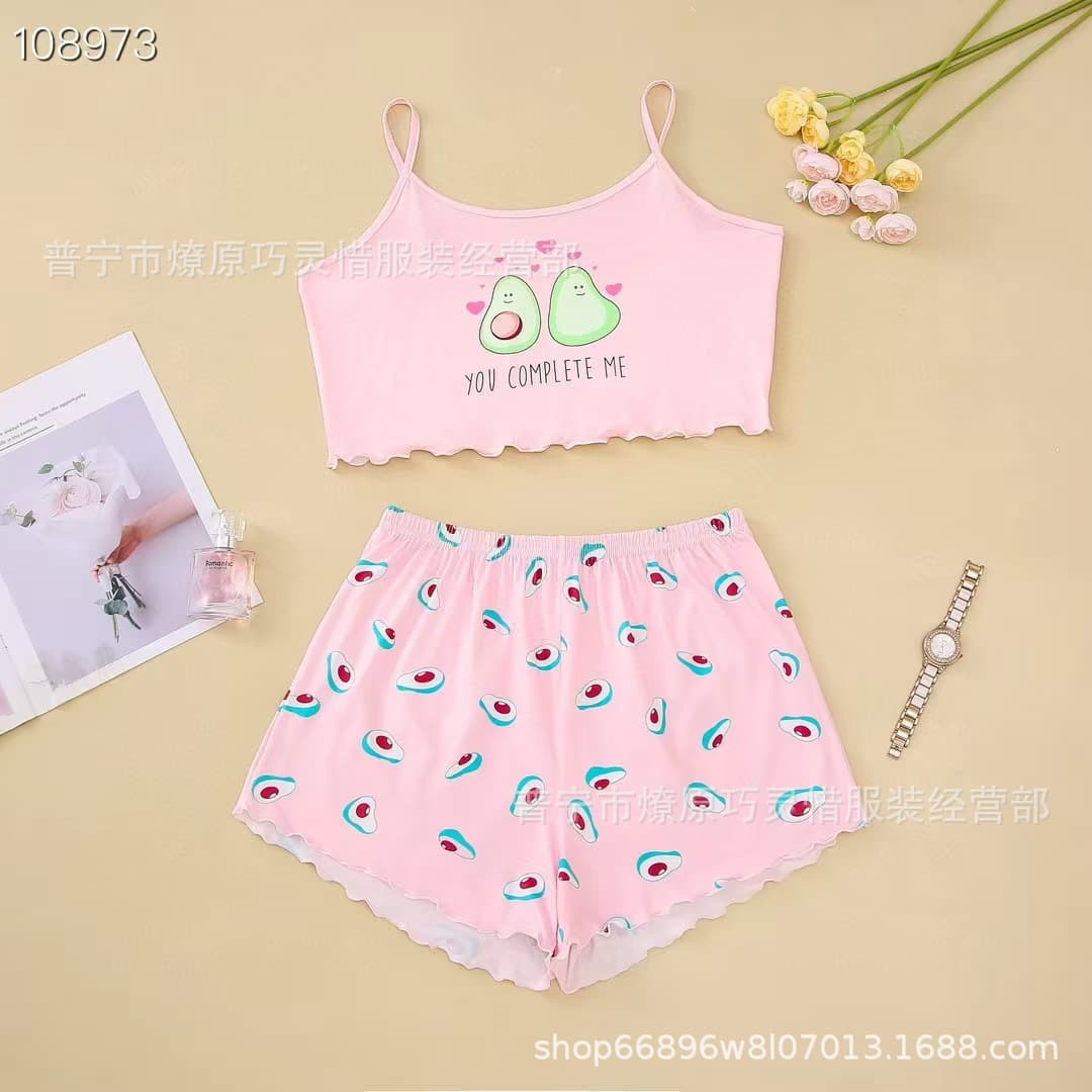Women's Summer Thin Camisole Sleepwear Set, Sweet and Cute Student Two-Piece Set, Sexy Loose Loungewear