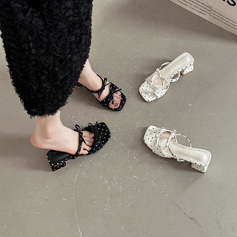 French Elegant Polka Dot One-Strap Slide Sandals for Women 2026 Summer Bowknot Daily Wear Chunky Heel Chic High-Heel Slippers