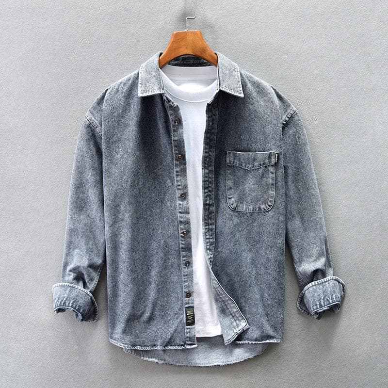 Japanese retro washed denim shirt men's trendy brand punk handsome premium long sleeve shirt men's spring autumn top