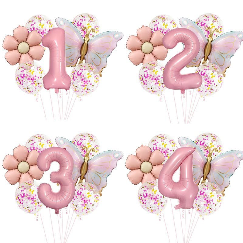 Cross-border Pink Butterfly Number Balloon Set Birthday Party Decoration Aluminum Foil Balloons Baby First Birthday Scene