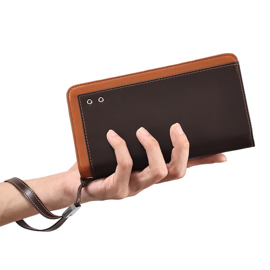 New Color-Blocked Men's Clutch Bag, Genuine Leather RFID Wallet, Cowhide Zipper Clutch Bag, Retro Business Long Wallet
