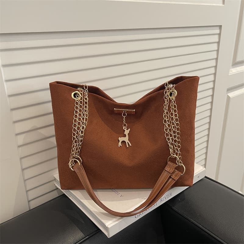 Suede Large Capacity Tote Bag for Women, Vintage Fashion Chain Shoulder Bag, Versatile Commuter Underarm Bag, Handbag
