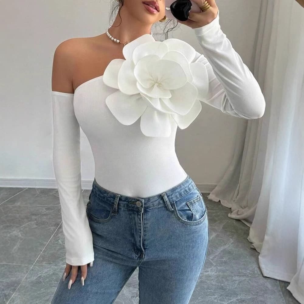 Commuter European & American Spring New Arrival Off-Shoulder Elegant Slimming Floral 3D Embellished Solid Color Fitted Backless Women's Top