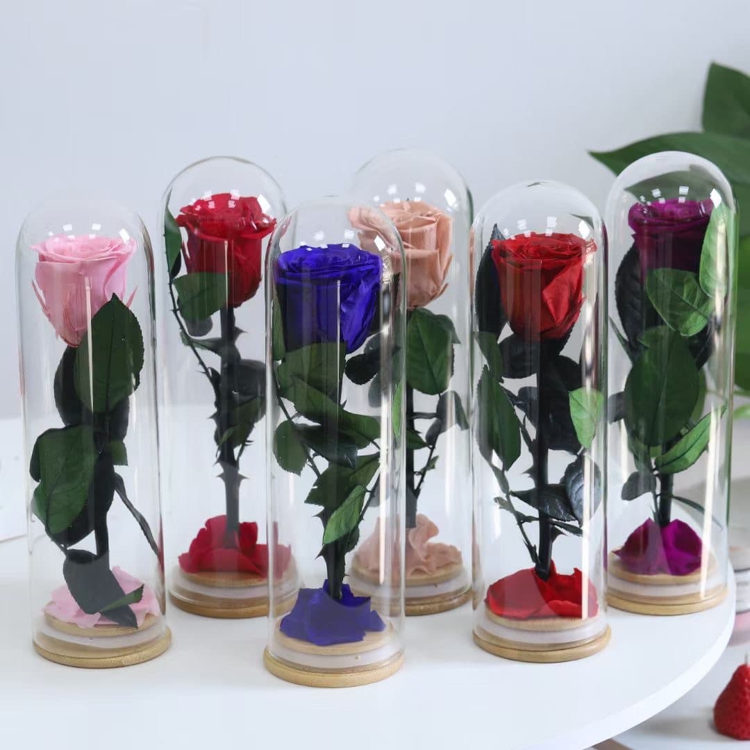 Wholesale preserved rose Valentine's Day glass dome bamboo base Little Prince figurine Valentine's Day single preserved rose