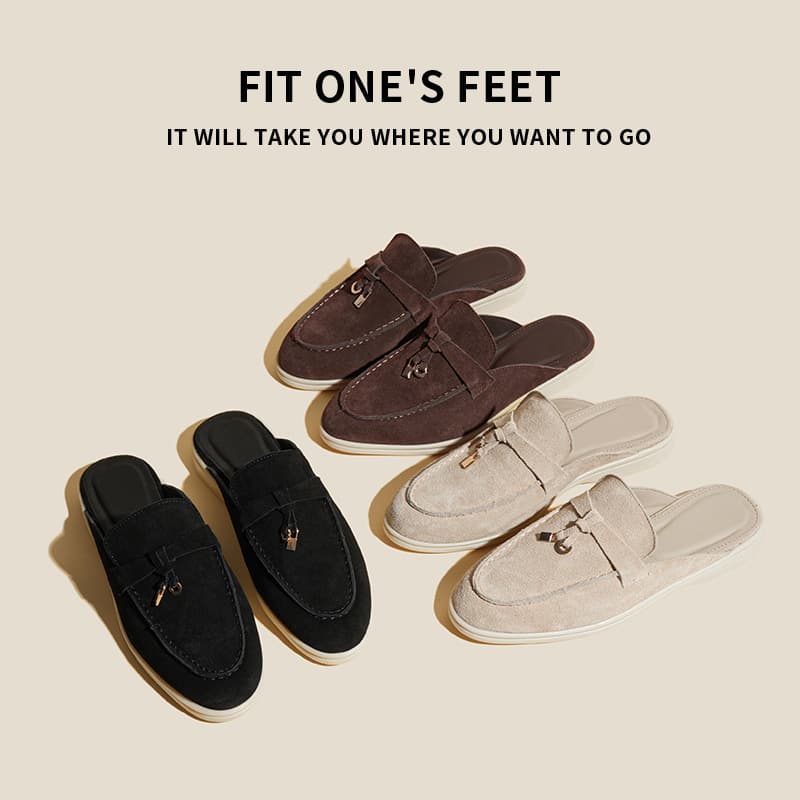 European and American Export Large Size Lp Baotou Half-Slip Women's Shoes Anti-Velvet Outer Wear Genuine Leather Flats Lazy Slip-On Mule Slippers