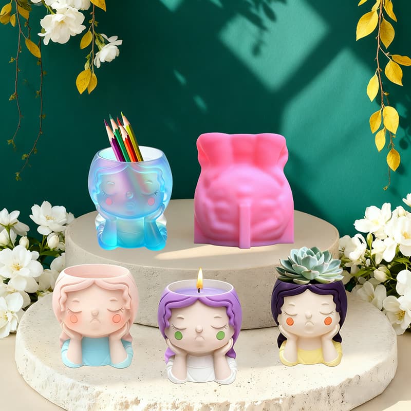 Girl Resting Chin on Hand Flower Pot Silicone Mold DIY Handmade Succulent Plant Pot Aromatherapy Candle Gypsum Mold C39