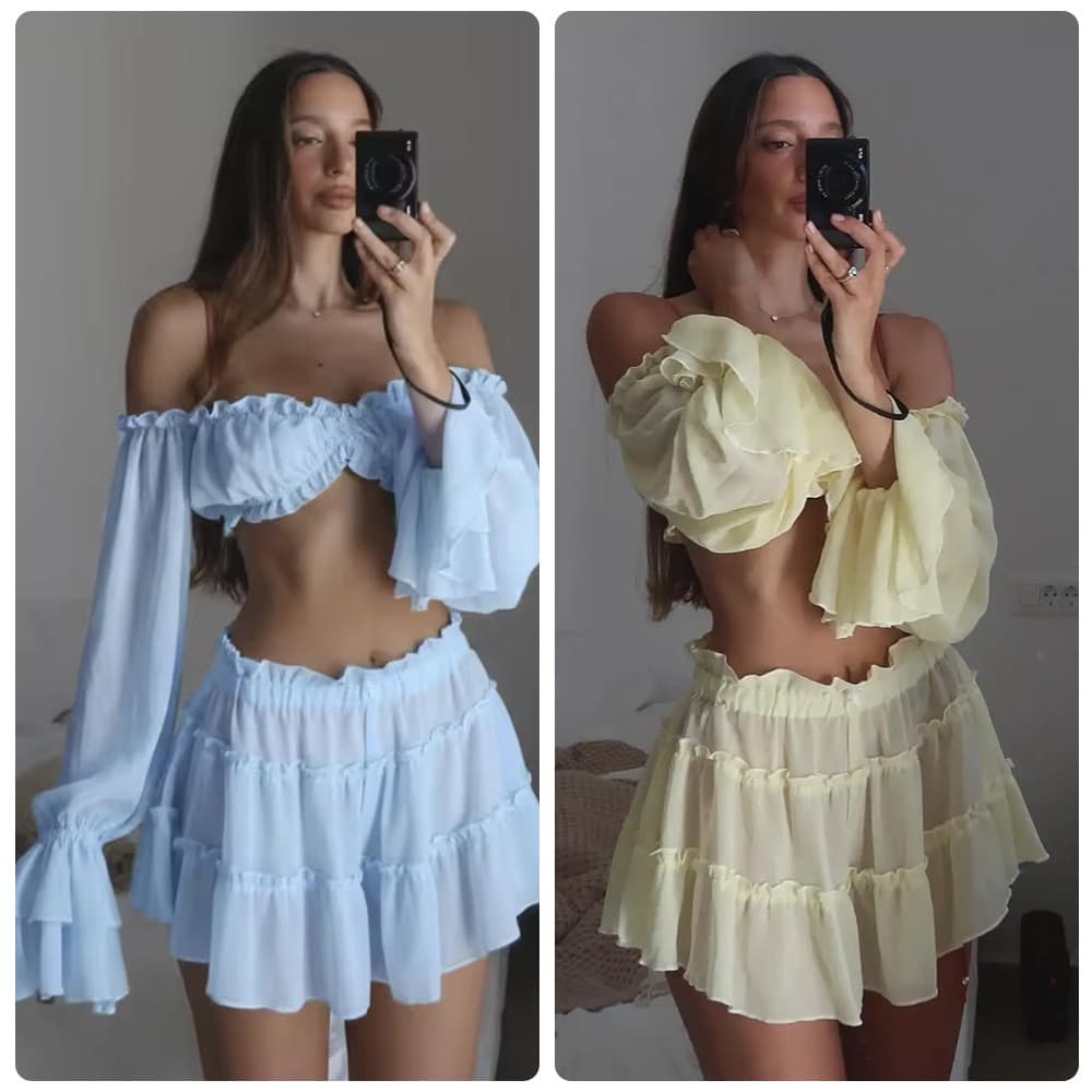 European and American one-shoulder puff-sleeve two-piece set, tube top, off-shoulder short top, high-waisted multi-layered ear-trimmed skirt