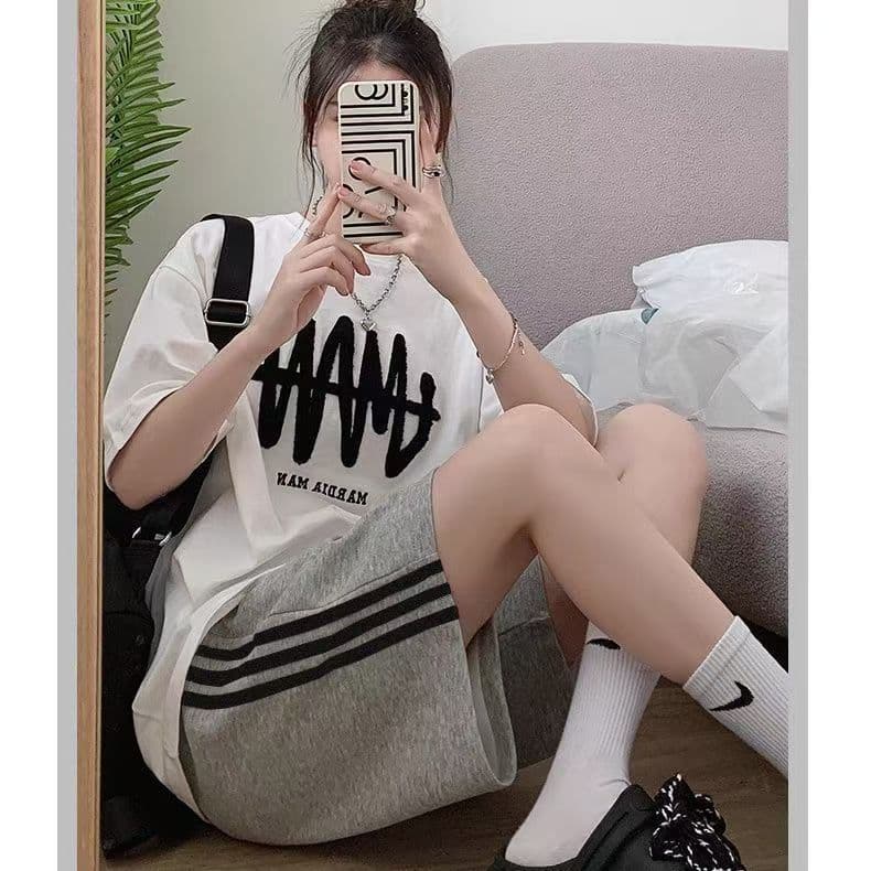 2026 Summer American Style Three-Stripe Color-Block High-Waist Wide-Leg Shorts Textured Linen Athletic Breathable Mid-Length Pants Trendy Matching Bottoms