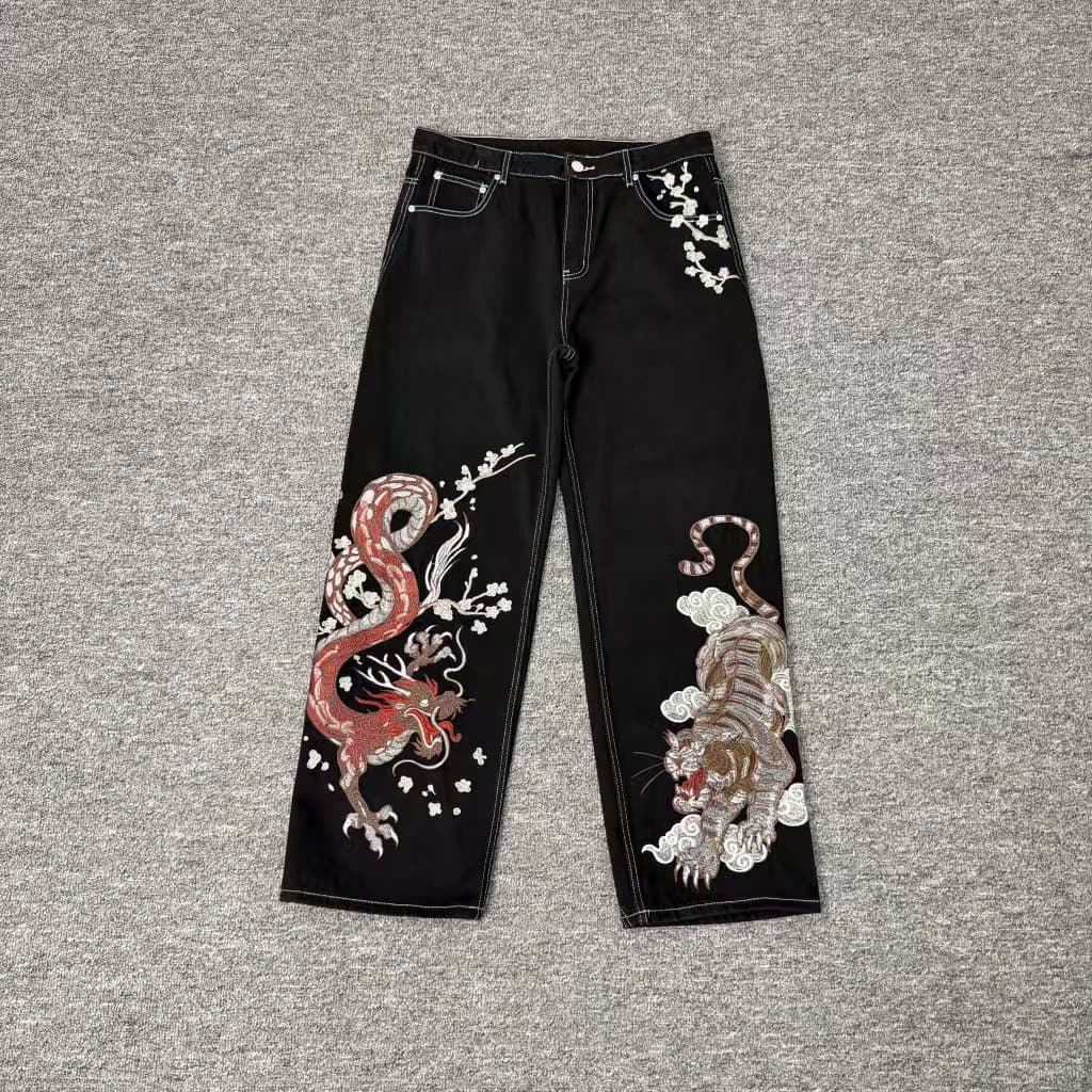 Cross-border trendy brand derschutze casual pants plum blossom embroidery street style loose wide-leg jeans