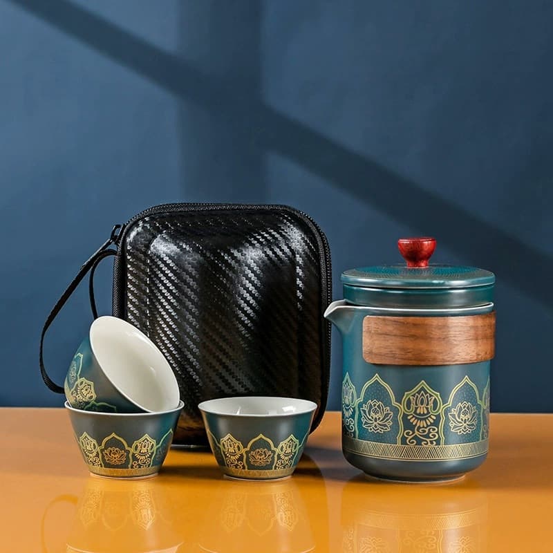 Guochao Floral Embossed Travel Tea Set, Portable Quick Cup with One Pot, Three Cups, and Tea Caddy, Brewing Pot Gift Wholesale