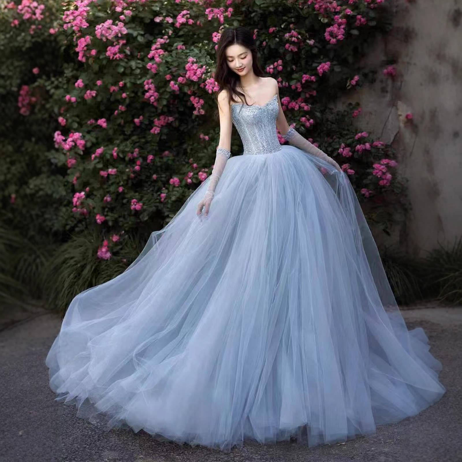 Strapless Evening Gown Dress Women 2026 New High-End Banquet Light Luxury Unique Blue Student Adult Ceremony Princess Dress