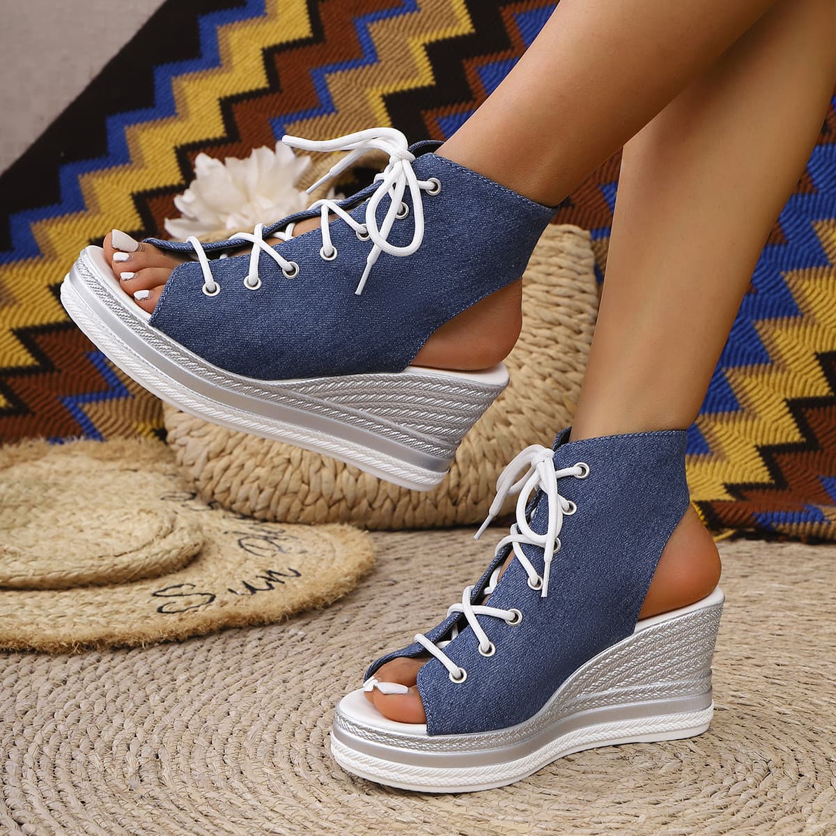 2026 Summer Denim Peep-Toe Sandals for Women, High-Top Lace-Up Platform Wedge Heel, Thick Sole Height-Increasing, Open-Toe Versatile Casual Shoes