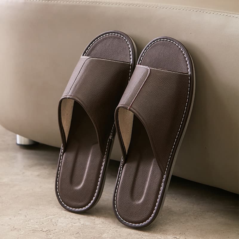 Men's Genuine Leather Slip-On Summer Indoor Home Floor Wood Patterned Sandals Anti-Slip Breathable Comfortable PVC Heel