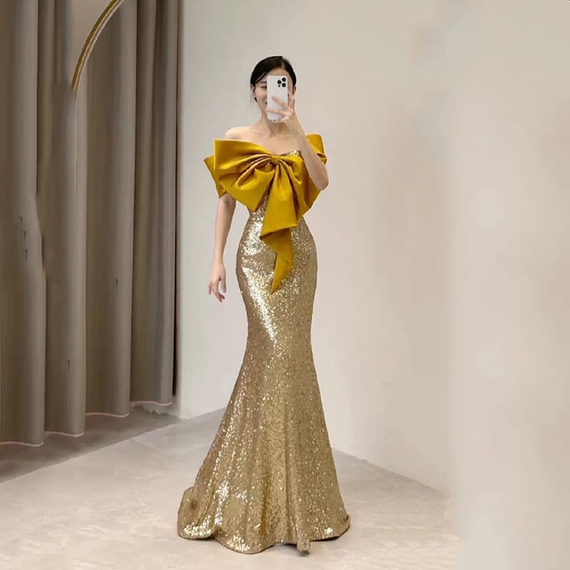 Gold Evening Dress Women 2026 New Banquet Host Light Luxury Niche Sequins Mermaid Tail Dress Wedding Toast Dress
