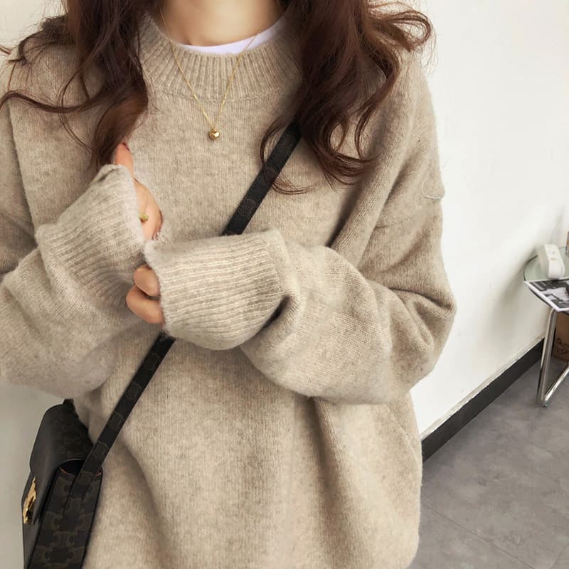 Korean-style Solid Color Pullover Knit Sweater Coat Autumn Winter New Lazy Style Loose Fit Women's Outerwear Top Trendy