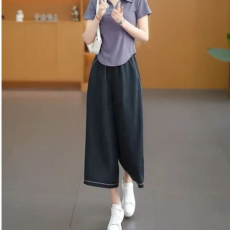 Ice silk quick-drying three-quarter pants skirt women's casual 2026 summer thin elastic waist slim black large size wide leg pants