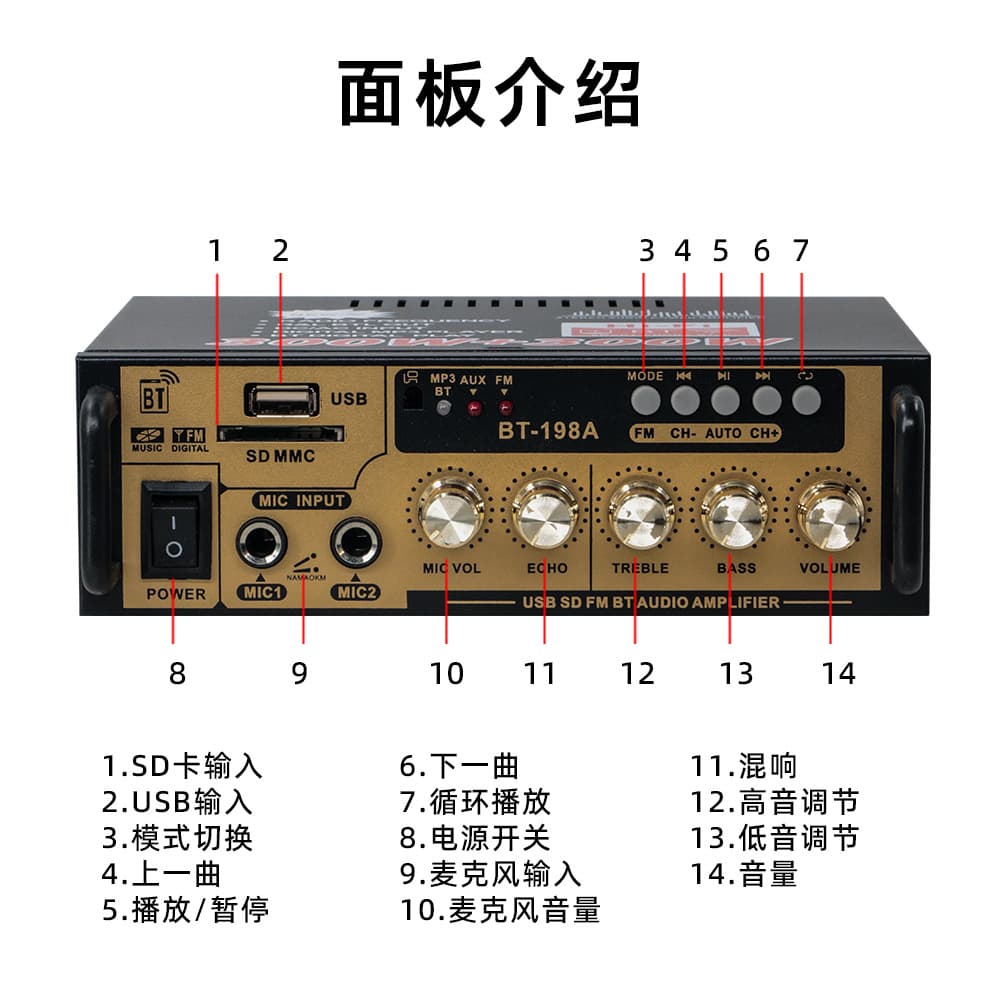 BT-198A Mini Small Power Amplifier Speaker Amplifier with Card Slot, USB, Radio, DC, Bluetooth