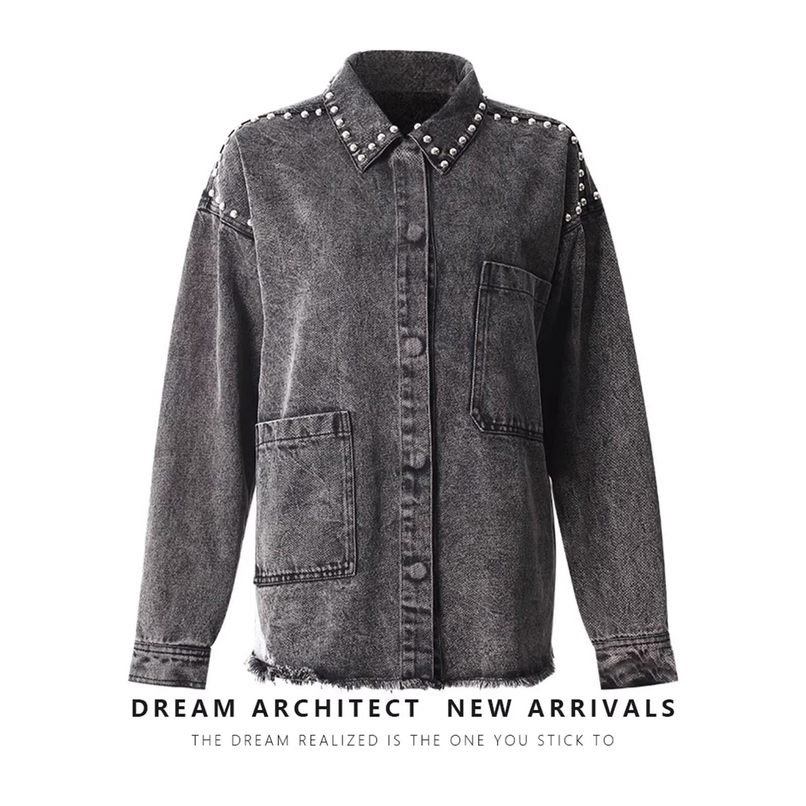 2026 Spring/Summer Detail Shirt in Black-Gray with Hem Fraying, Rivet Trim, Turn-down Collar, Long Sleeve Denim Shirt Jacket