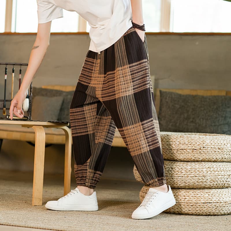 2022 Summer New Men's Cotton Linen Pants Trendy Chinese Style Casual Color Block Loose Low Crotch Drop Crotch Trousers Men