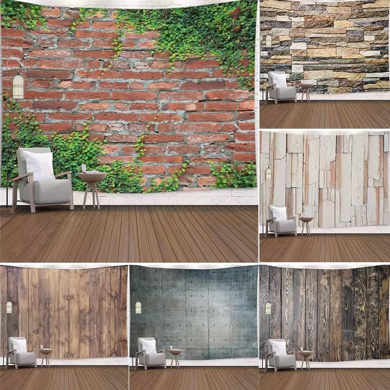 Cross-border Drop Shipping Retro Wood Grain Brick Wall Green Plants Multi-style Backdrop Cloth Soft Decorative Tapestry Aesthetic Home Decor