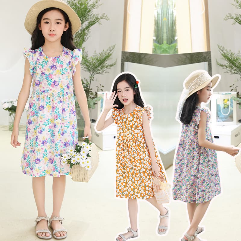 Girls dress, summer high-end artificial cotton silk floral princess dress, baby cotton silk dress for middle-aged and older girls