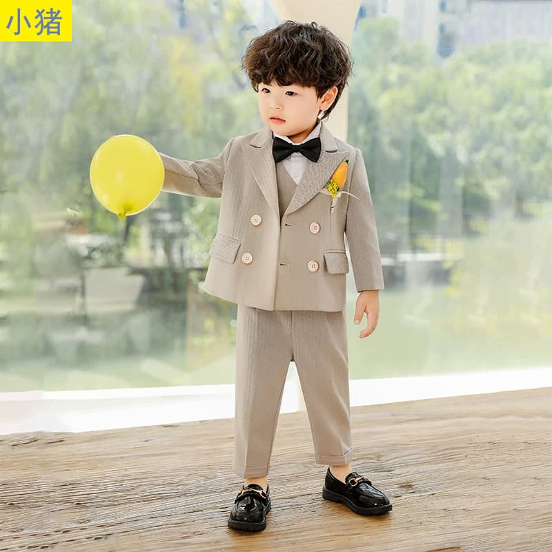 Children's Suit Set Autumn Winter Fleece-Lined Flower Boy Wedding Suit Performance Costume Small & Medium Boys British Style Little Blazer