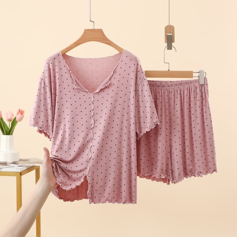 Modal Polka Dot Flounce Short Sleeve T-Shirt and Shorts Set for Women, Summer Plus Size Loose Sleepwear Pajamas, Round Dot Home Wear