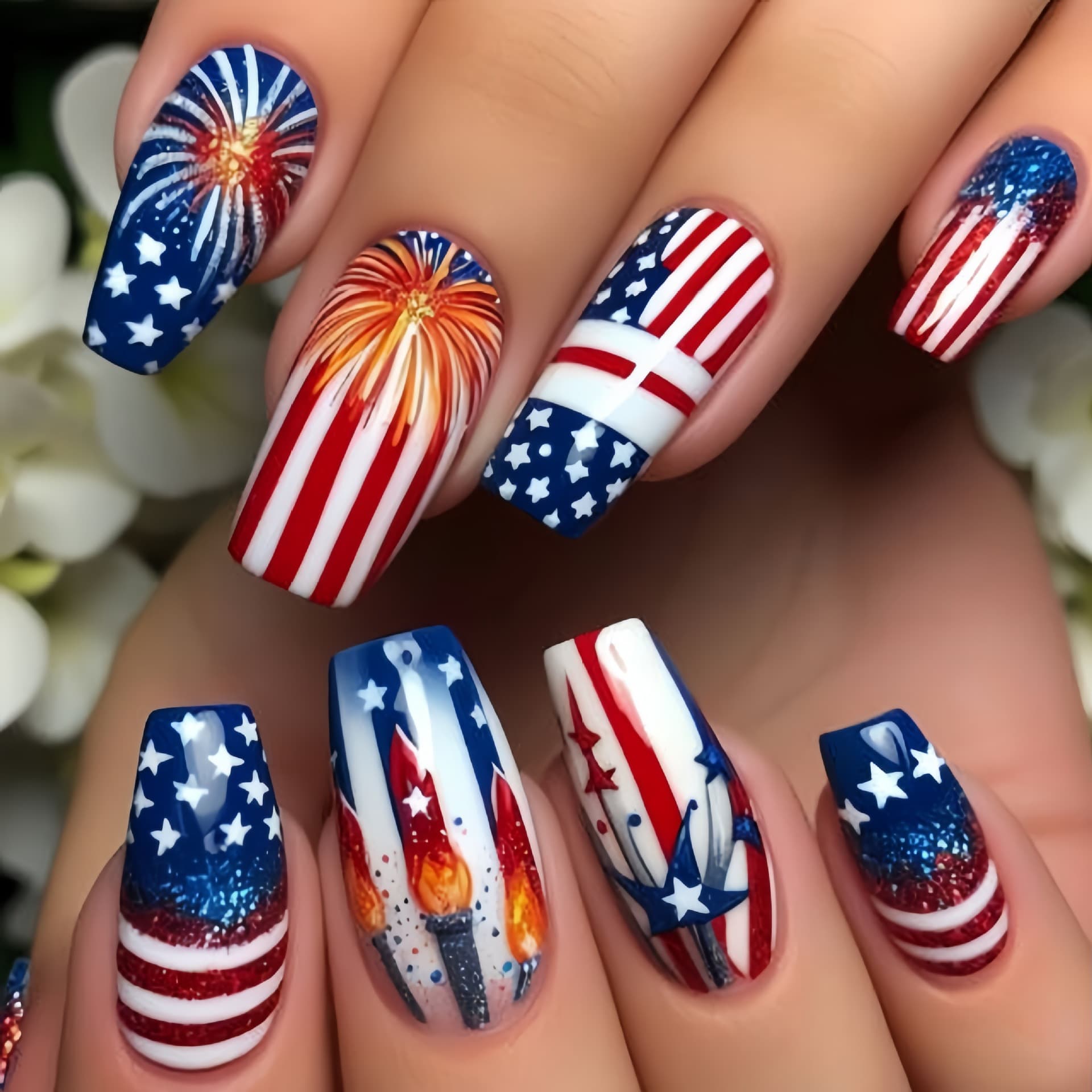 Press-On Nail Tips Blue Series Nails Medium-Long Oval Square False Nail Tips Independence Day Nails
