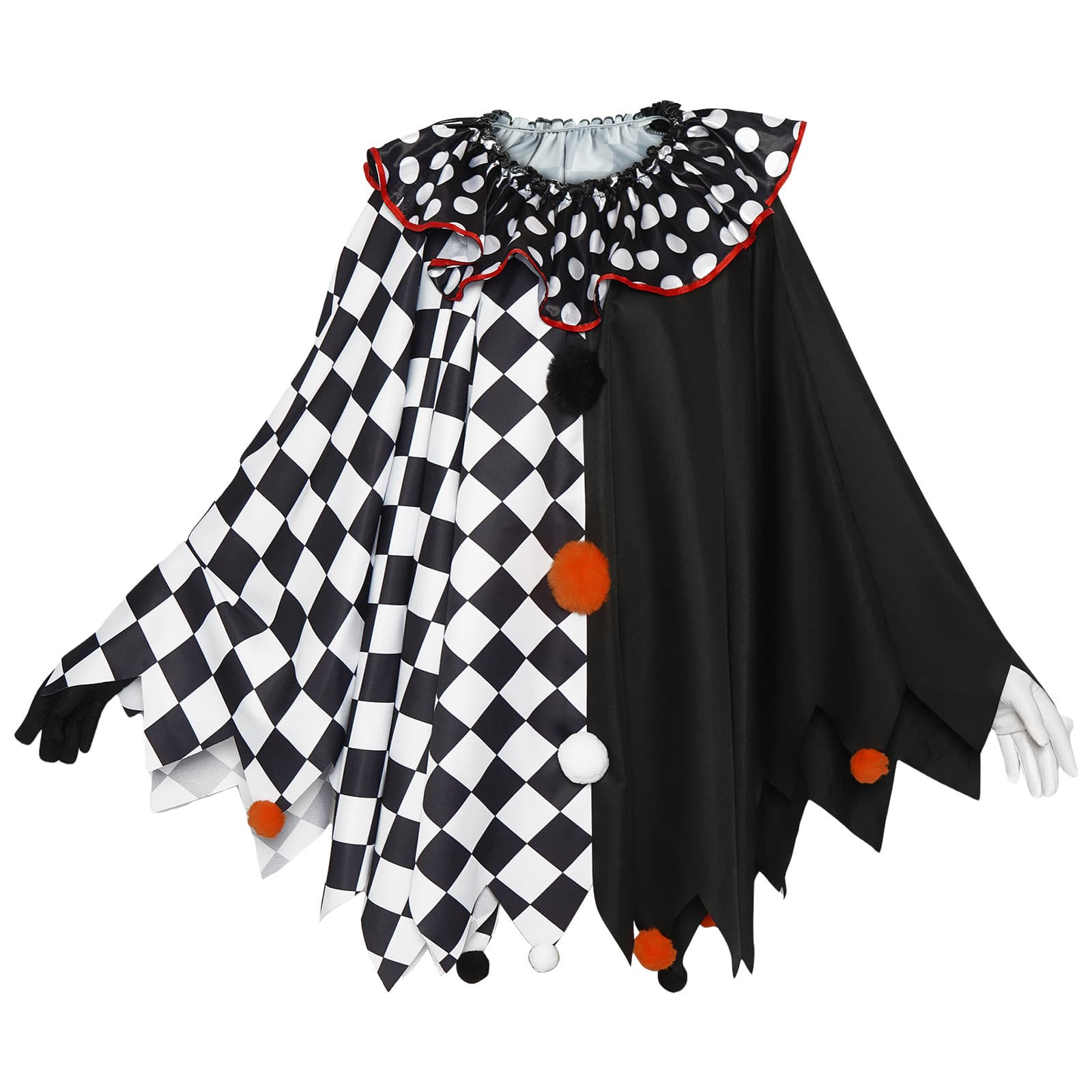 Halloween cosplay costume, scary clown woman's black and white cape masquerade adult cosplay performance costume, in stock.