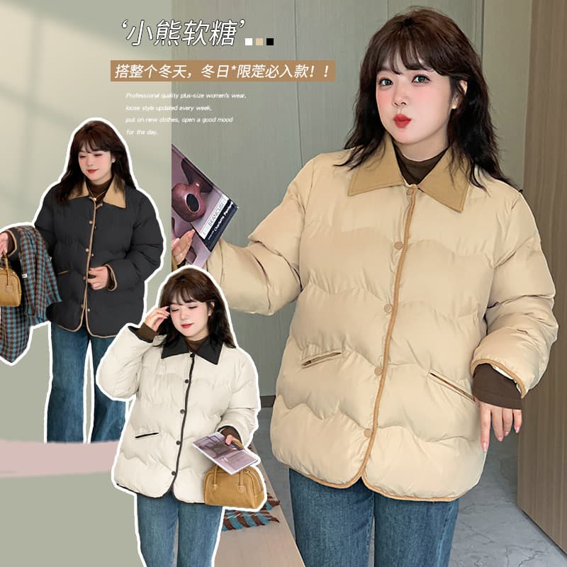 Enuo Thick Cotton Coat Plus Size Curvy Girls Women's Outerwear Autumn/Winter New Korean Style Loose Cotton Jacket 340789