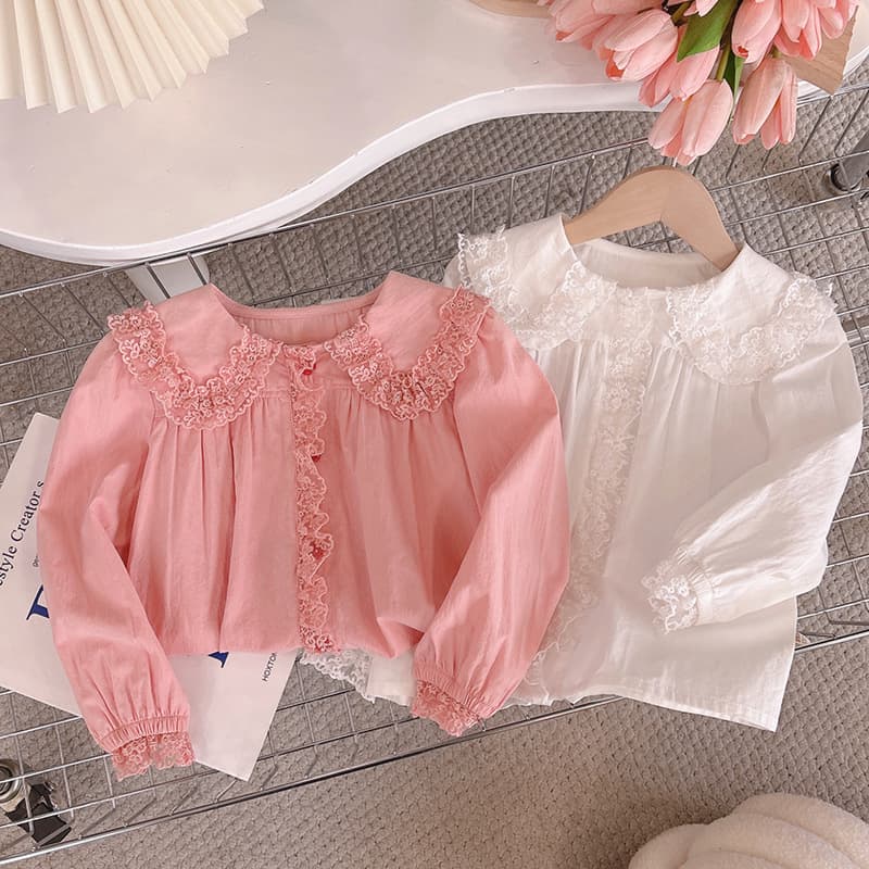New pure cotton girls' shirt, lace long-sleeved, Peter Pan collar, baby doll top, stylish base layer for spring and autumn.