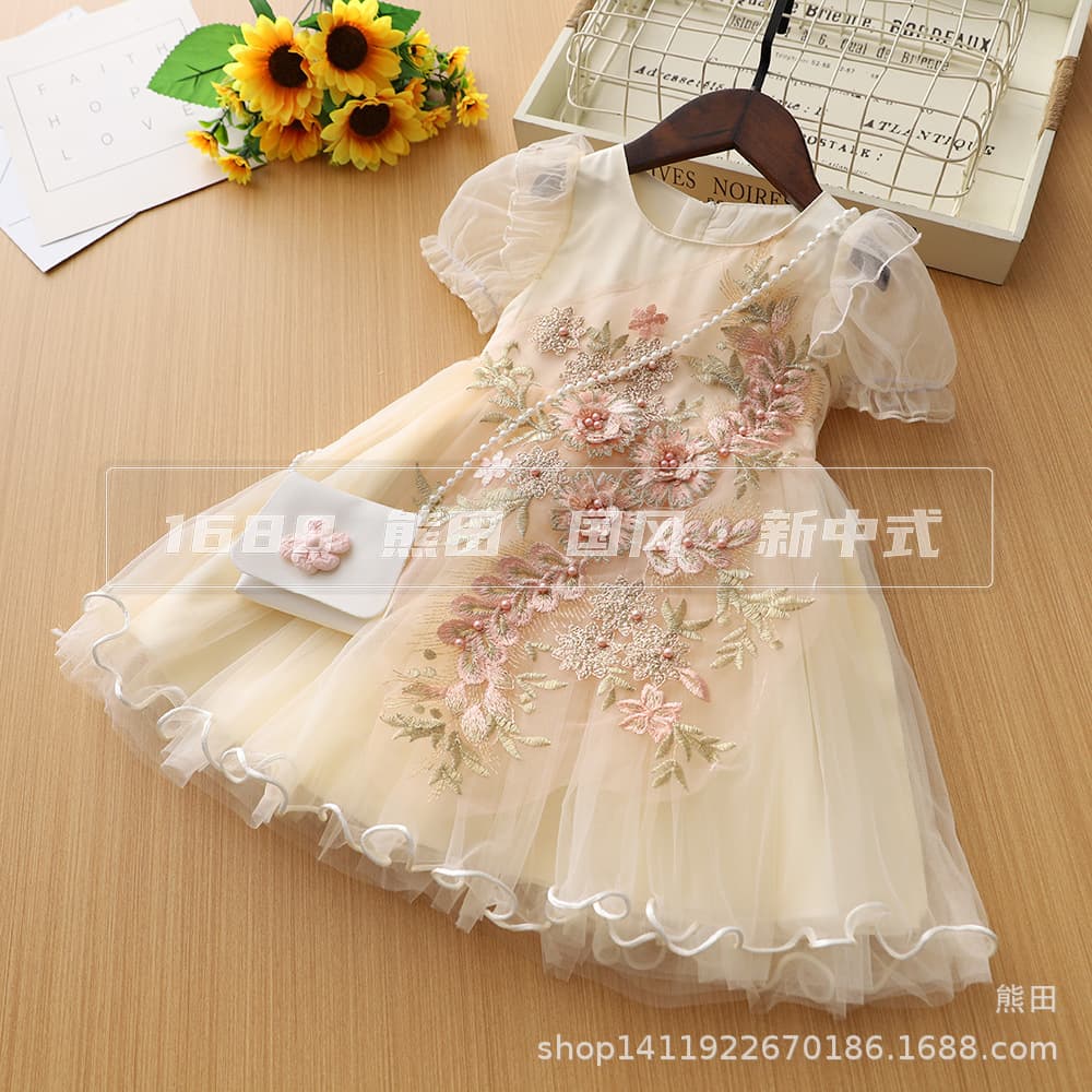 Girls' Chinese style dress, children's Chinese style embroidered gauze skirt, baby girl's fashionable princess skirt, mesh appliqué with bag