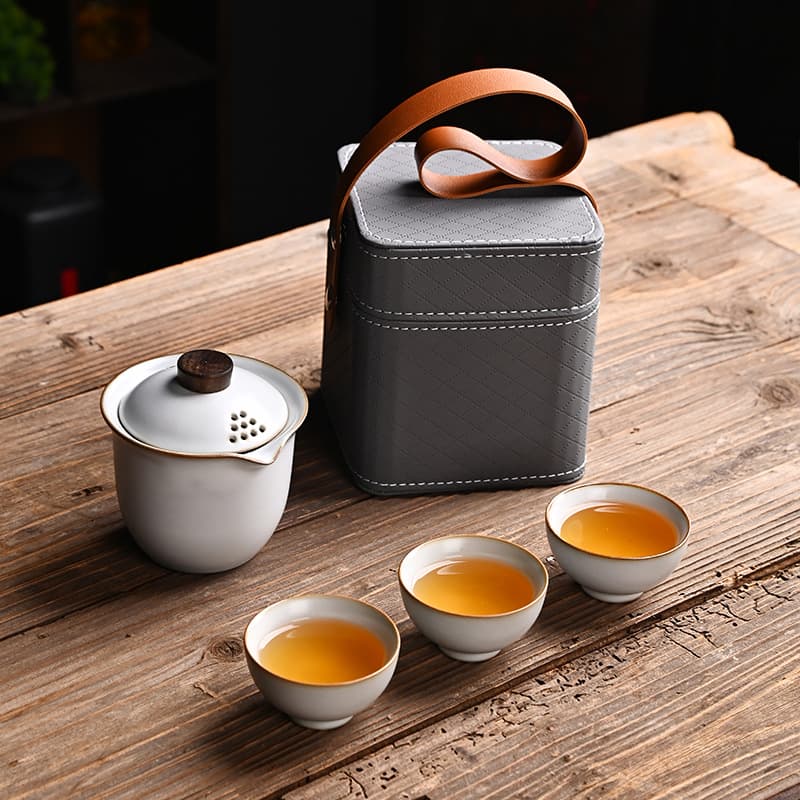 Ru Kiln Custom Set Travel Tea Set Quick Cup One Pot Three Cups Storage Bag Portable Outdoor Souvenir Gift