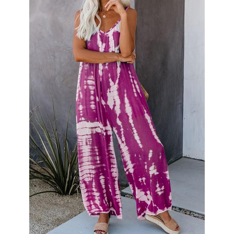 Boho Tie Dye Print Jumpsuit V Neck Loose Casual Jumpsuit